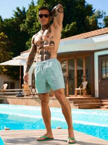 Surfspeed Men's Striped Print Drawstring Waist Beach Shorts - Olive Green - View 8