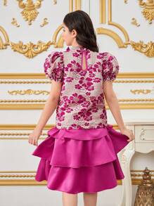 SHEIN Bộ trang phục áo cánh tay bồng & váy xếp tầng cho bé gái tuổi mới lớn 2 món Tween Girl Tween Girl Jacquard thanh lịch - Nhiều màu - Xem 2