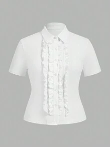 SHEIN EZwear Bộ 2 món cỡ lớn: Áo sơ mi cài nút kiểu Fairy và váy - Đen và trắng - Xem 5