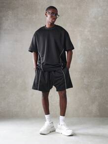 SUMWON Zestaw męski Premium Oversized, spodenki z obniżonym krokiem, styl uliczny, detale z lamówką, odzież wypoczynkowa, sport, moda miejska, dwuczęściowy zestaw, styl grubych trampek, letni zestaw casualowy