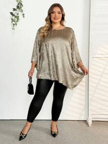 SHEIN CURVE+ Blusa elegante de mujer talla grande con cuello redondo, mangas 3/4, diseño suelto y bajo asimétrico en color metálico sólido, atuendos térmicos de invierno, ropa de mujer para Navidad, vestido de manga larga, vestido de mujer para Navidad, minifalda dorada, falda dorada, vestido de Acción de Gracias, vestido para Nochevieja, ropa de fiesta