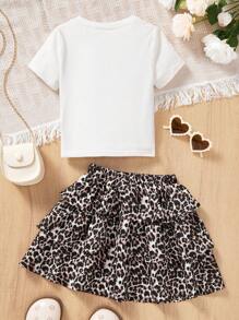 SHEIN Leap Crew Ensemble top à manches courtes et mini-jupe imprimé léopard mode décontractée pour jeune fille - Multicolore - Voir 2