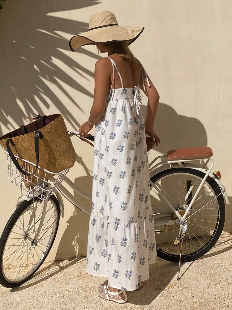Vacation Beach Plant & Floral Print Spaghetti Strap Ruffled Patchwork Mid-Calf Boho Shift Dress For Women Sundress Maxi Dress