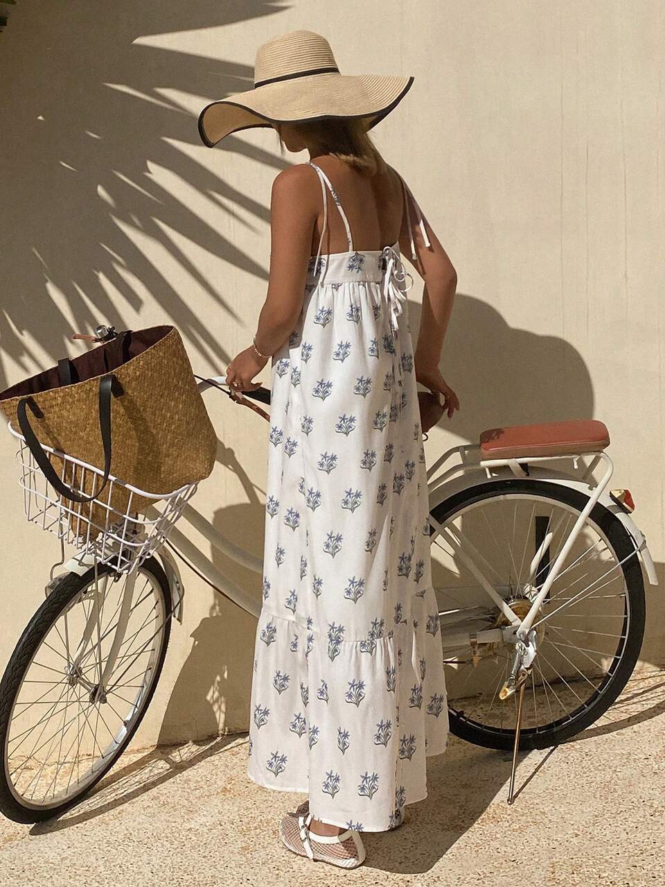 Vacation Beach Plant & Floral Print Spaghetti Strap Ruffled Patchwork Mid-Calf Boho Shift Dress For Women Sundress Maxi Dress