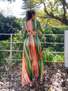 SHEIN SXY 女式扎染深 V 领长袖高开衩连衣裙、女士度假装、女士夏季装、女士海滩装、女士性感巡航装、女士春季装、海滩度假 - 彩色 - 查看 4