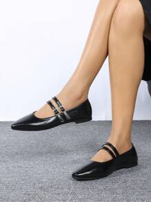 CUCCOO BIZCHIC 2024 新款春秋女士休闲平底乐福鞋，双丝带装饰方头，百搭纯色