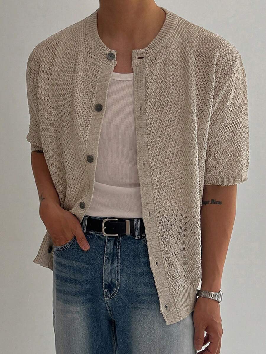 DAZY Men's Apricot Textured Fabric Cardigans, Summer - Apricot - View 1