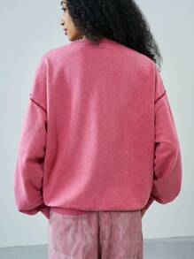 Easelle 女士情人节休闲复古红色酸洗圆领宽松长袖卫衣，秋冬款 - 紅色 - 查看 5