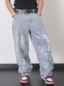 Manfinity EMRG 男士休闲水洗字母印花宽松直筒牛仔裤 - 淺色水洗藍 - 查看 3