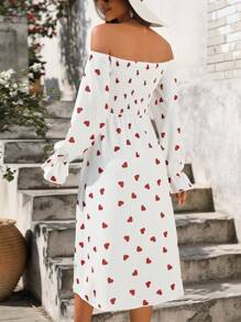 Women's Mid-Length Off Shoulder Allover Heart Print High Slit Long Sleeve Dress - White - View 2