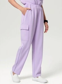 Scrubzie Set de 2 piezas Uniformes de mujer tipo Scrubs, con pespunte contrastante antiarrugas, blusa de manga corta y pantalones - Púrpura malva - Ver 4