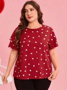 Reflora 曲线加大码女式心形印花圆领荷叶边袖休闲衬衫，情人节，女士度假装，情人节服装，心形，情侣，女士外出上衣，商务休闲女装，夏季，可爱衬衫，办公室