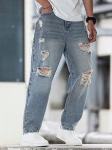 Manfinity LEGND Quần jean nam dáng rộng rách và giặt - Màu Xám nhạt - Xem 6