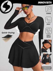 Innovista Women Activewear Sports Set,2pcs,Cropped Long Sleeve Hollow Out Sexy Gym Top & Skirts Shorts, Multi-Usephone Pockets High Waist Crossover Skirts,Tennis Skirts Set,Breathable Mesh Cut Out T-Shirts & Sweatshirts,Golf,Music Festival,Outdoor,Party,Dance,Autumn,Black,Valentine's Day,Sports Bra Quick-Drying, Utilitarian Chic - Black - View 3