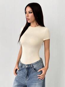 SHEIN PETITE Body de mujer de manga corta, color blanco sólido, de uso versátil y casual - Albaricoque - Ver 3