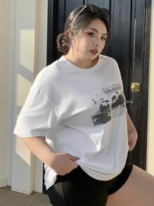 Dazy Plus Graphic Print Loose Round Neck Short Sleeve White T-Shirt, Spring/Summer - White - View 7