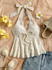 Soleia Women's Resort Knit Dotted Jacquard Textured Halter Tie Waist A-Line Vest, Suitable For Party, Date, Valentine's Day, Afternoon Tea