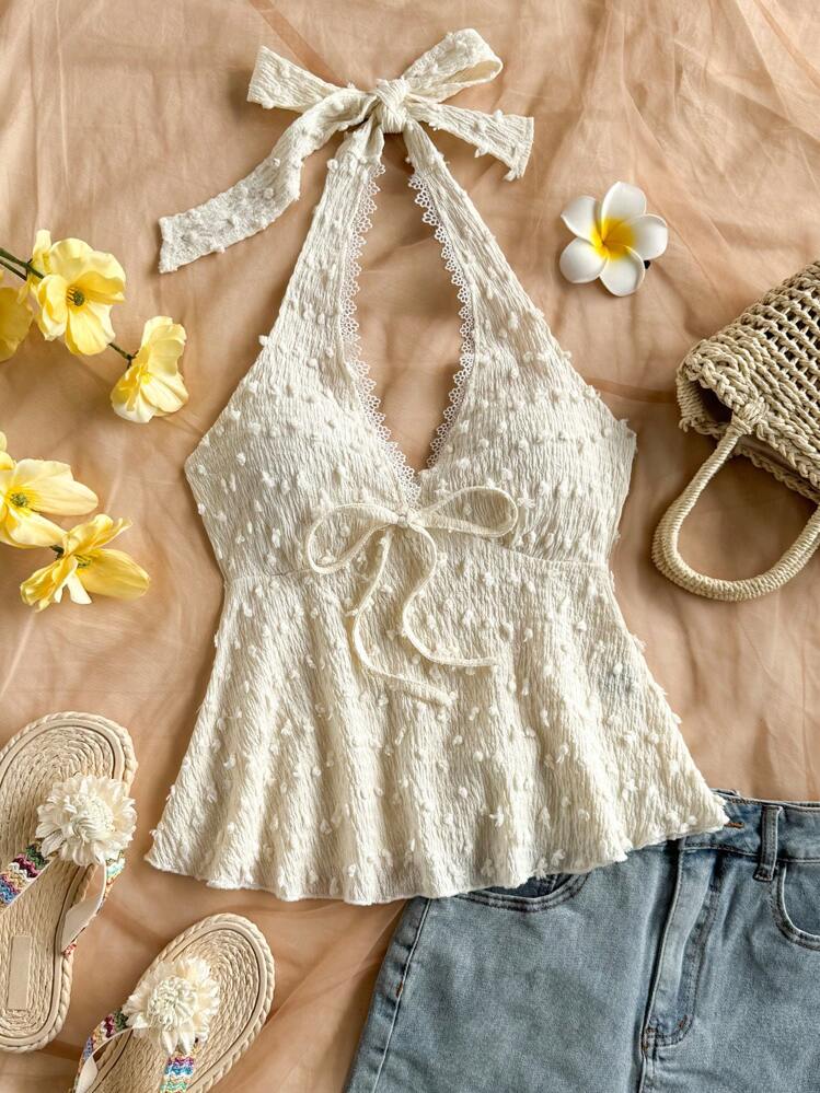 Soleia Parte superior de línea A con textura de jacquard de lunares de punto para mujer, adecuada para fiesta, cita, Día de San Valentín, té de la tarde - Albaricoque - Añade 4