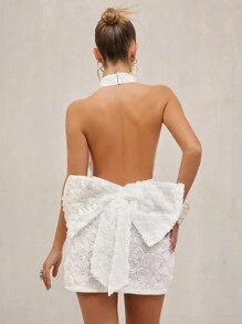 Lumalex Spring Summer Swimsuit Swimwear Swim Vacation Bohemian BOHO Sea Beach Hot Outdoor Richly Layered Wedding Season Banquet Coming Of Age Ceremony Beach Seaside  Festival Old Money Wedding Engagement Coming Of Age Ceremony Rose Flower Floral 3D Backless Tight Mini Dress With Bow For Women Wrap Dress Wedding Guest, Bridal, Bride, Mother Of The Bride, Wedding Party, Formal Occasion, Special Occasion Wedding Guest  Cocktail Attire Formal Matching Set His & Hers, Proposal Gift Of Love Celebration Sweetheart Be My Valentine - White - View 1