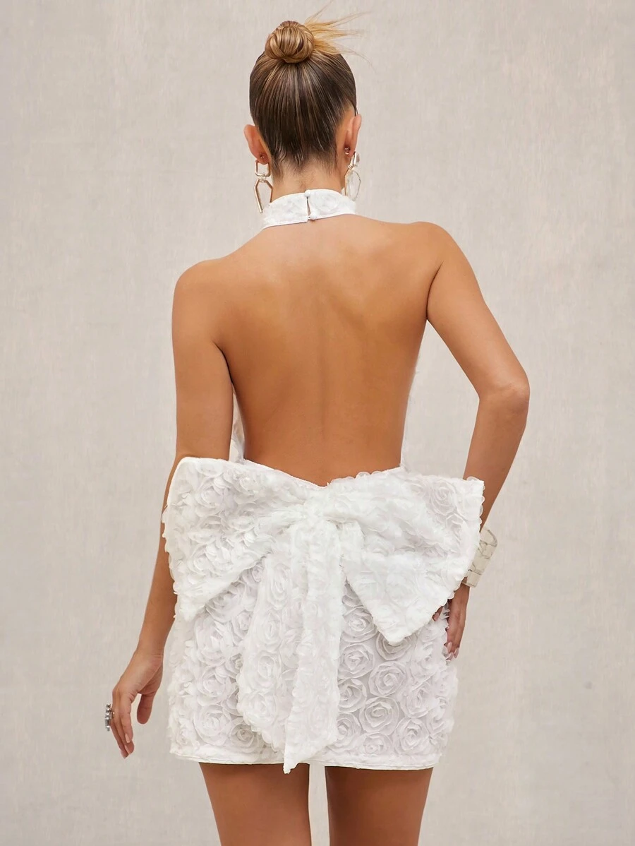 Lumalex Spring Summer Swimsuit Swimwear Swim Vacation Bohemian BOHO Sea Beach Hot Outdoor Richly Layered Wedding Season Banquet Coming Of Age Ceremony Beach Seaside  Festival Old Money Wedding Engagement Coming Of Age Ceremony Rose Flower Floral 3D Backless Tight Mini Dress With Bow For Women Wrap Dress Wedding Guest, Bridal, Bride, Mother Of The Bride, Wedding Party, Formal Occasion, Special Occasion Wedding Guest  Cocktail Attire Formal Matching Set His & Hers, Proposal Gift Of Love Celebration Sweetheart Be My Valentine - White - View 1