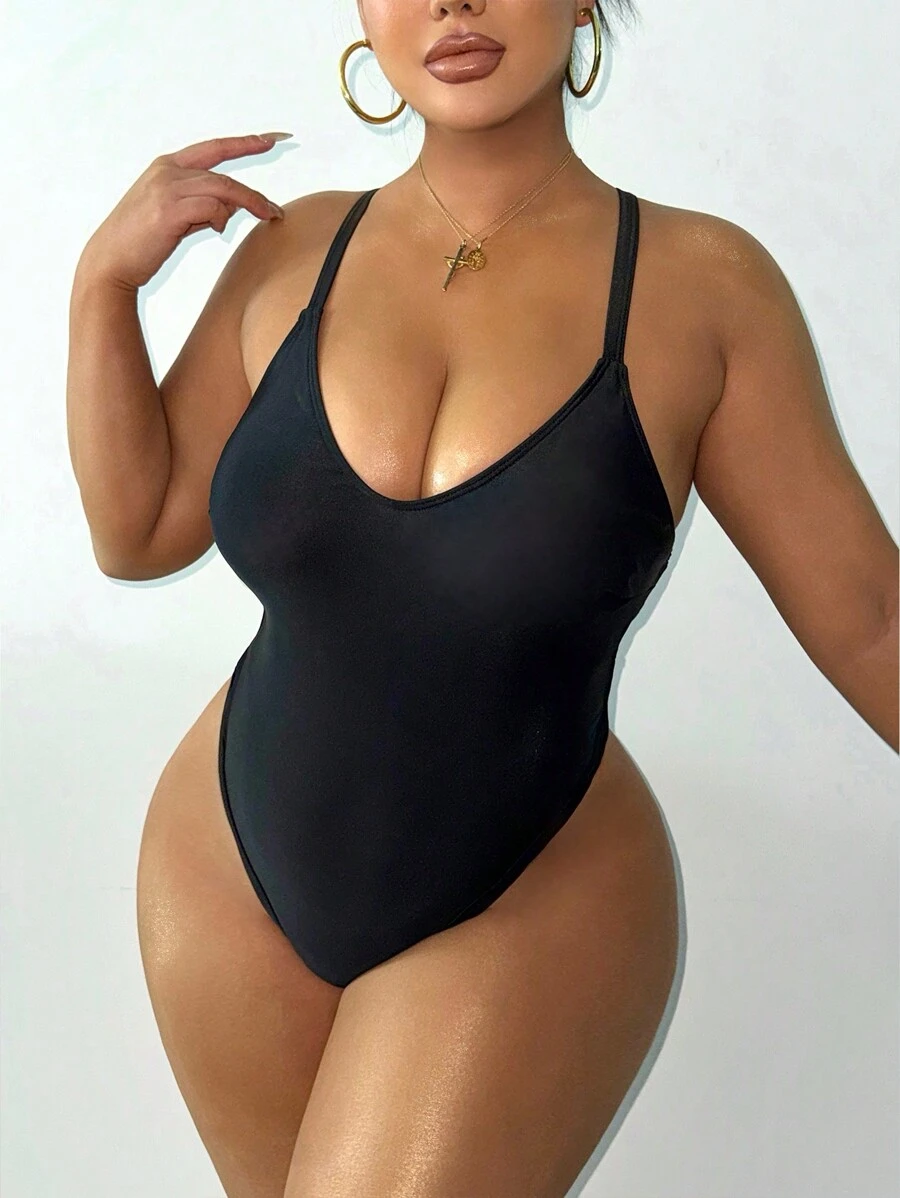 Swim SXY 1pc Plus Size Backless One-Piece Swimsuit, Suitable For Beach Holiday, For Summer Vacation - Black - View 1