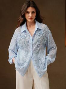 Anewsta Áo sơ mi dài tay mỏng nhẹ họa tiết hoa cổ điển Pháp, dành cho nữ, ngày Tết - Màu xanh nhạt - Xem 3