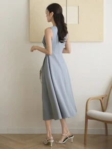 DAZY Sleeveless Solid Color Pleated Mid-Length Dress For Women Sundress Maxi Dress - Blue - View 2