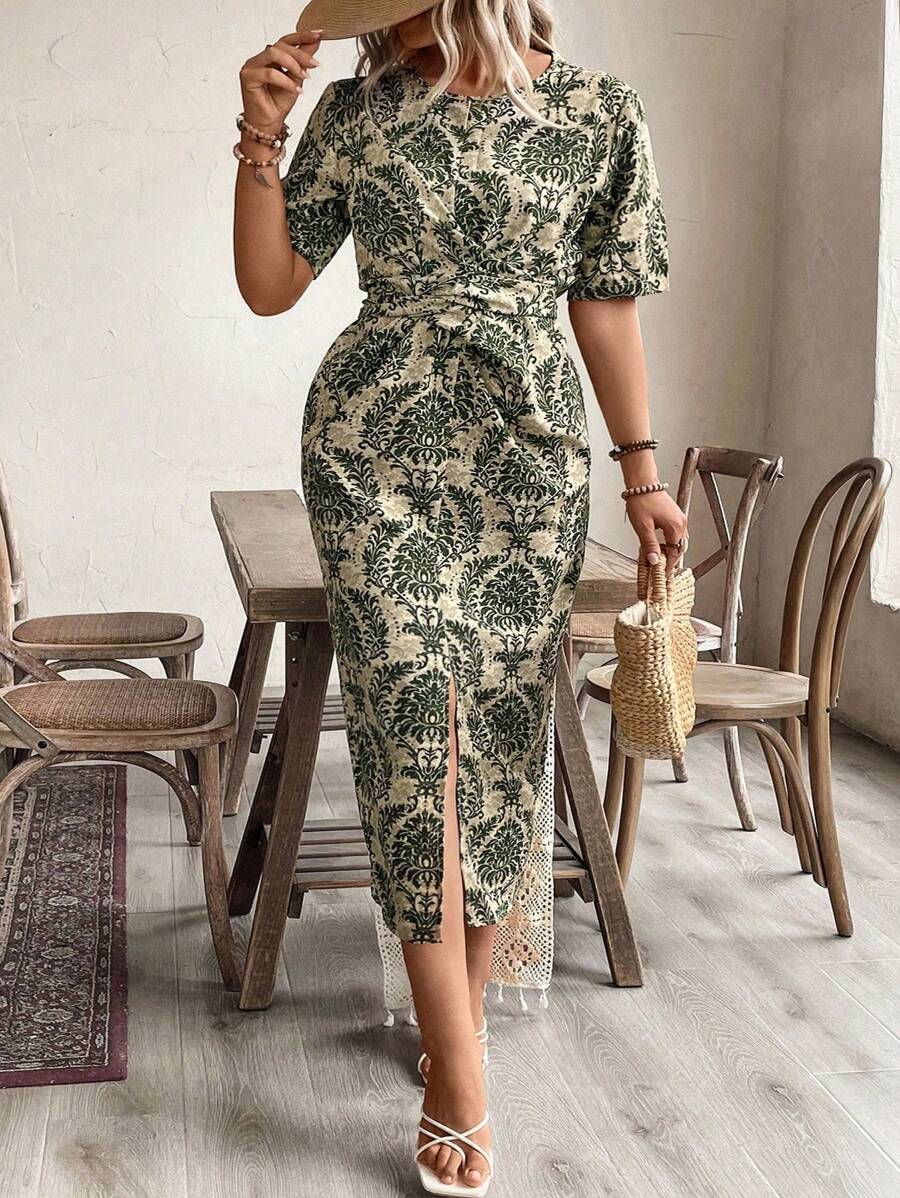 SHEIN Clasi Plus Size Women Twist Knot Plant Print Dress For Summer - Green - View 1