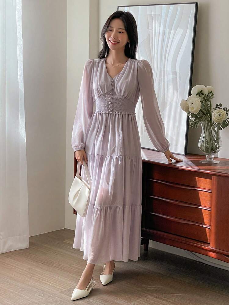French Elegant V-Neck Design Chiffon Dress For Women,Fall Dress Long Sleeve Dress Maxi Dress