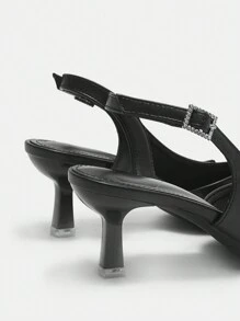 CUCCOO CURVES Plus Size Wide Fit Pointed Toe High Heel Pumps, Elegant Black PU Hollow Buckle Side Strap Sandals, Suitable For All Seasons - Black - View 5