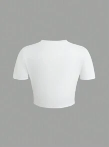 SHEIN LUNE New Style Crew Neck Letter Print Crop Top Tee Shirt For Women - White - View 2