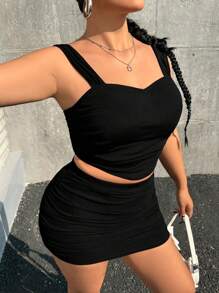 SHEIN EZwear 大码女式 2 件套纯色不对称下摆吊带背心和裙子套装