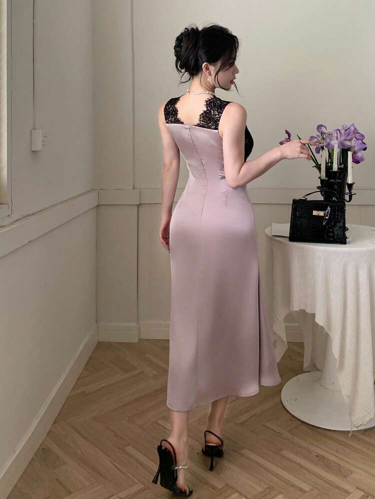 V-Neck Lace Splice Sleeveless Mermaid Midi Elegant Dress For Women Prom Dress,Formal Women Dresses Cocktail Dress