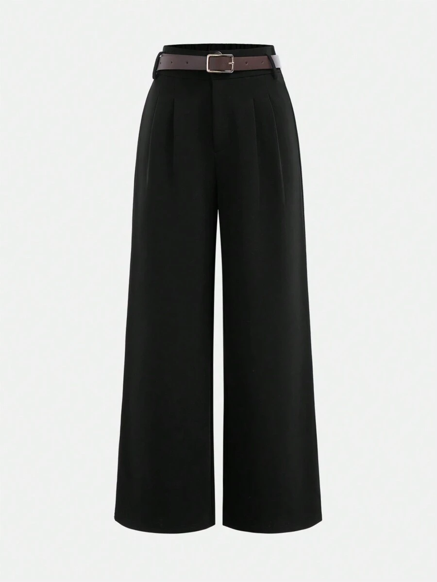 SHEIN Girlism Tween Girls' Loose Waisted Elegant Commuter Wide Leg Trousers With Belt - Black - View 1