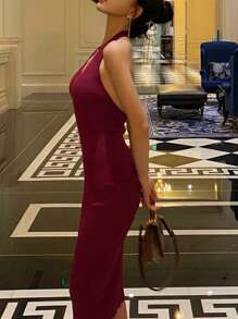 DAZY فستان سويتر نسائي بلون واحد، من النوع الحلق العالي اللف والظهر مفتوح متوسط الطول، فستان ربيع/صيف لحفلات الزفاف