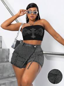 SHEIN CURVE+ Plus Size Women's Black Asymmetrical Design Elastic Denim Shorts