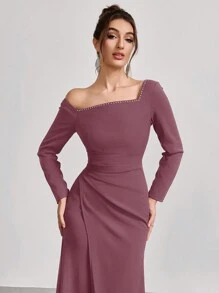 Coutiva 1 stuk dames asymmetrische hals lange mouwen gerimpelde lange feestjurk, mode banket feest oudejaarsavond festival socialite elegante jurk, bruiloft gast jurk, formele jurk, avondjurk