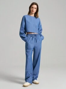 Ontre 2 件套女式 2025 新款仿牛仔围脖领落肩长袖上衣和裤子套装，短袖上衣配松紧腰修身裤，宽松舒适，休闲日常穿着，春夏，老钱风 - 藍色 - 查看 7