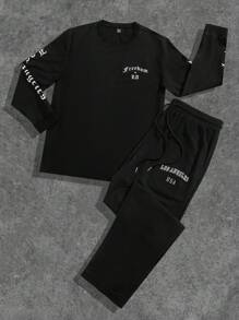 Manfinity EMRG 大码男士字母印花圆领长袖 T 恤和抽绳腰裤套装 - 黑色 - 查看 1
