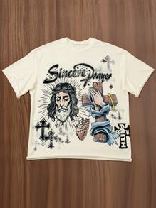 Camiseta casual de manga corta cuello redondo con estampado de letras y números para hombres - Multicolor - Ver 1