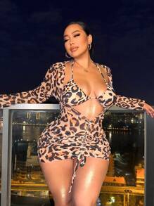 SHEIN X Sofía Suescun Swim SXY 大码豹纹印花三件套比基尼套装，夏日海滩 - 彩色 - 查看 1