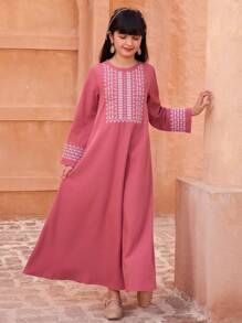 Tween Girl Elegant Embroidered Long Dress - Pink - View 6