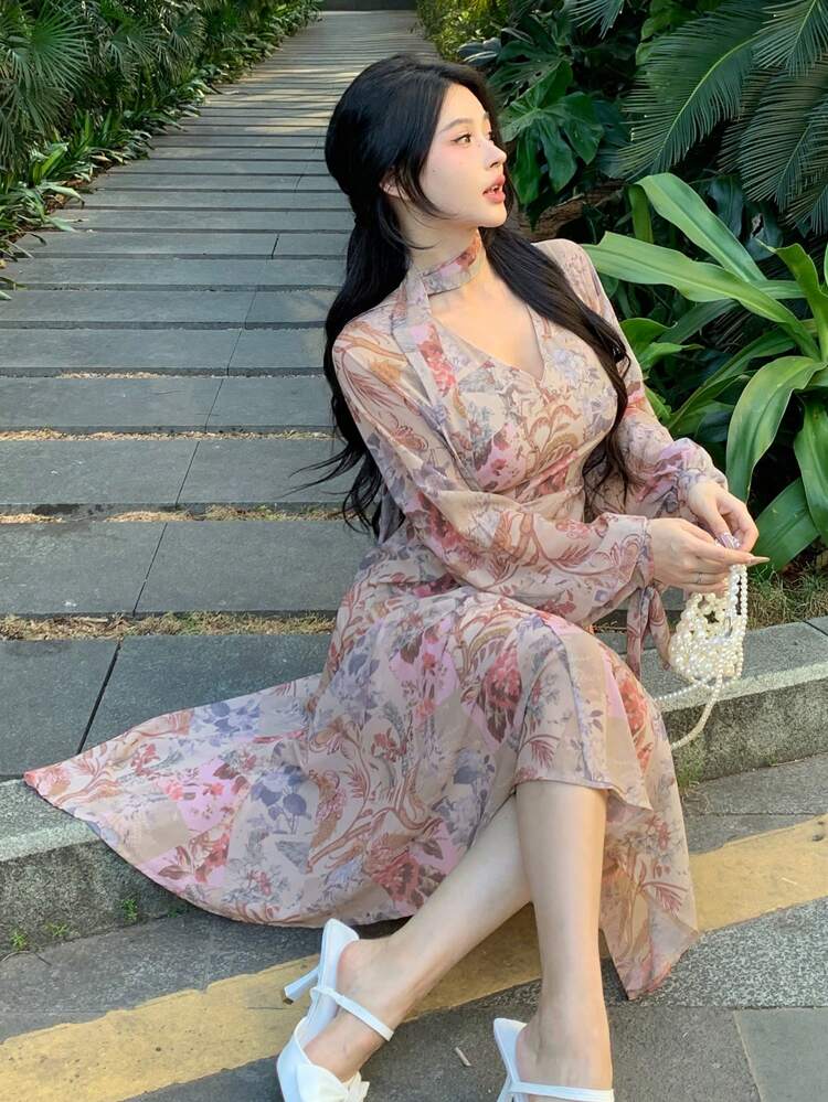 Palace Style Ditsy Floral Allover Print V-Neck Chiffon Cinched Waist Mid-Calf Dress For Women,Ruffle,Fall Dress Long Sleeve Dress Vacation Outfits Women Maxi Dress Boho