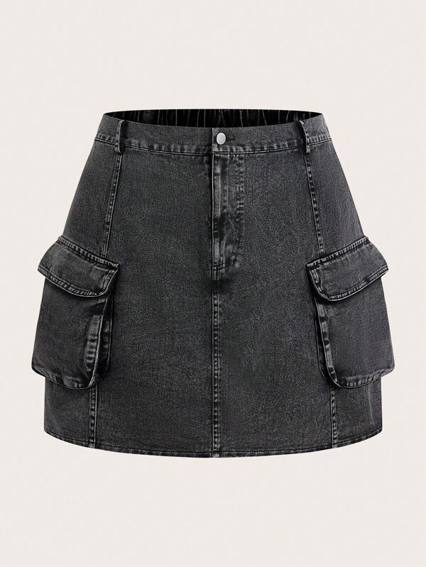 SHEIN EZwear Plus Size Distressed Black Acid Wash Cargo Pocket Denim Skirt, Casual Street Style, Cotton