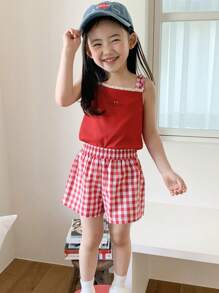 Dazy Kids 2pcs/Set Young Girl Plaid Strap Shorts,Girls Summer Outfits - Red - View 4
