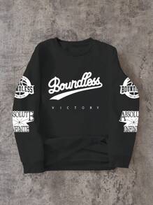 SHEIN Explorewe Sudadera con cuello redondo para niños mayores con estampado de insignia de victoria sin límites - Negro - Ver 1