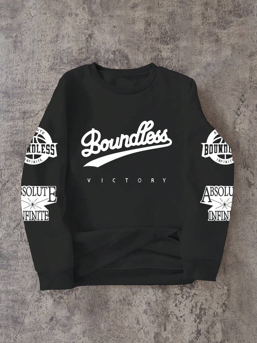 SHEIN Explorewe Sudadera con cuello redondo para niños mayores con estampado de insignia de victoria sin límites - Negro - Ver 1