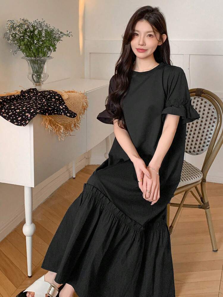 Women's Solid Color Midi Casual Dress, Minimalist And Fashionable For Daily Wear