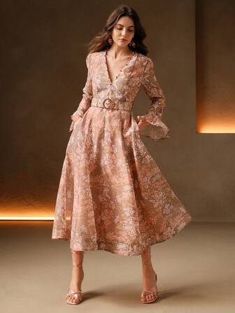 Anewsta Sukienka w stylu wakacyjnym z kwiatowym nadrukiem i perłowym zdobieniem, głębokim dekoltem w serek, ściągana w talii, zdobiona koralikami, dla kobiet, wiosenne stylizacje