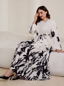 Lacomfia Plus Size Long Sleeve Waist Cinched Graphic Modest Dress - Multicolor - View 5